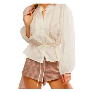 Free People NWT SZ MED Best of me Lace  Pintuck Peplum Blouse White Button Down‎